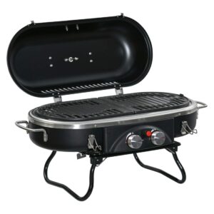 Gasgrill 2,34 KW sammenfoldelig BBQ havegrill inkl. 2 rustfri stålbrændere, trykreduktion, gasslange, låg, termometer, 2 varmezo