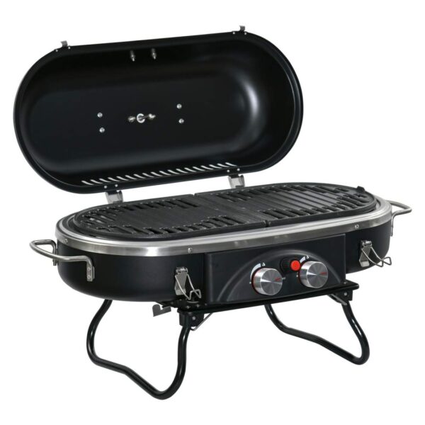 Gasgrill 2,34 KW sammenfoldelig BBQ havegrill inkl. 2 rustfri stålbrændere, trykreduktion, gasslange, låg, termometer, 2 varmezo