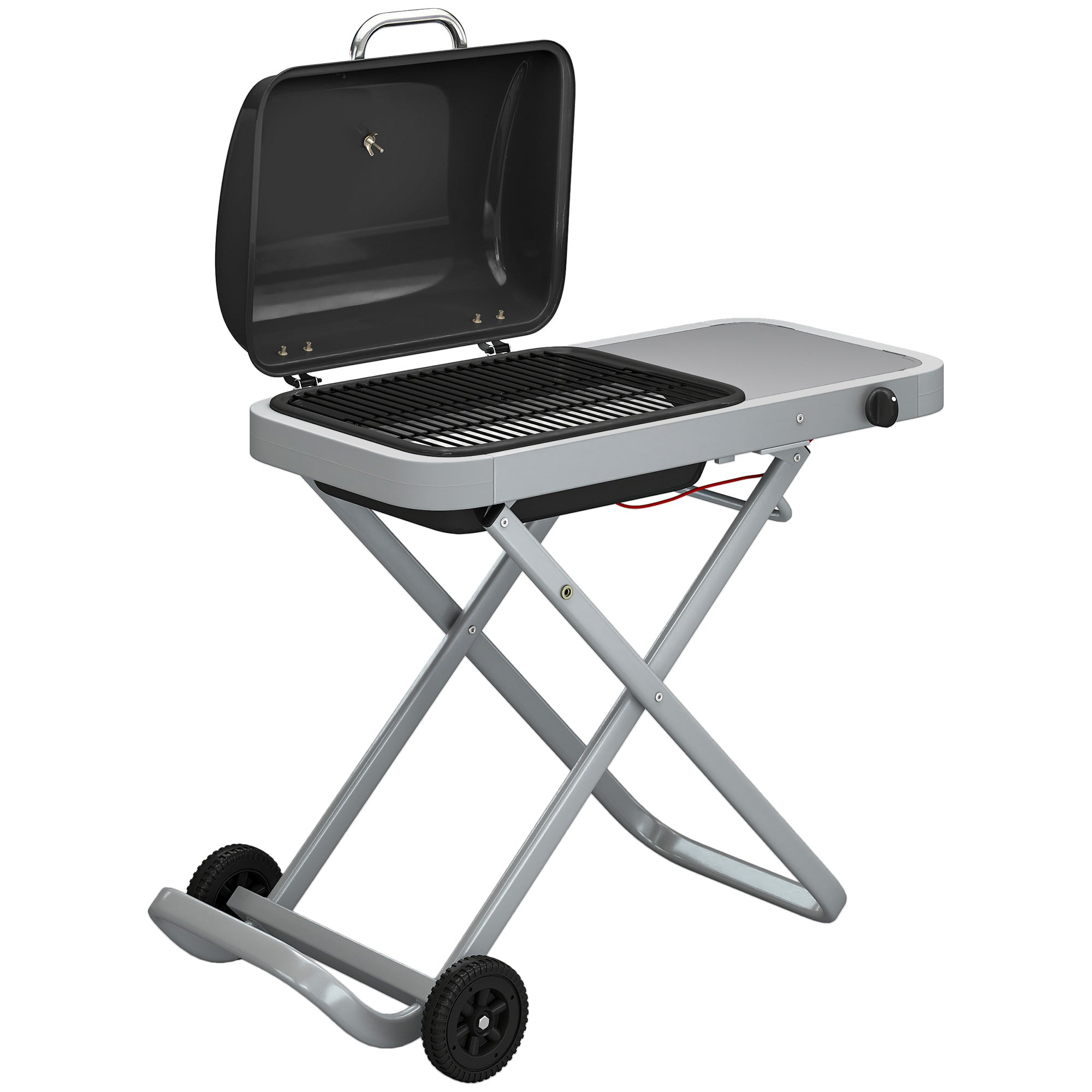 Bærbar gasgrill, 1 brænder, 2,5 kW, grillvogn med foldbar vogn, grillrist, sidebord, låg, termometer