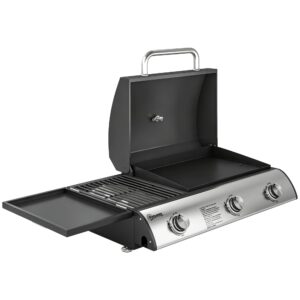 Gasgrill 7,5 KW Bærbar bordgrill med 3 brændere, sidebord, stegeplade, emaljerede grillriste, fedtbakke