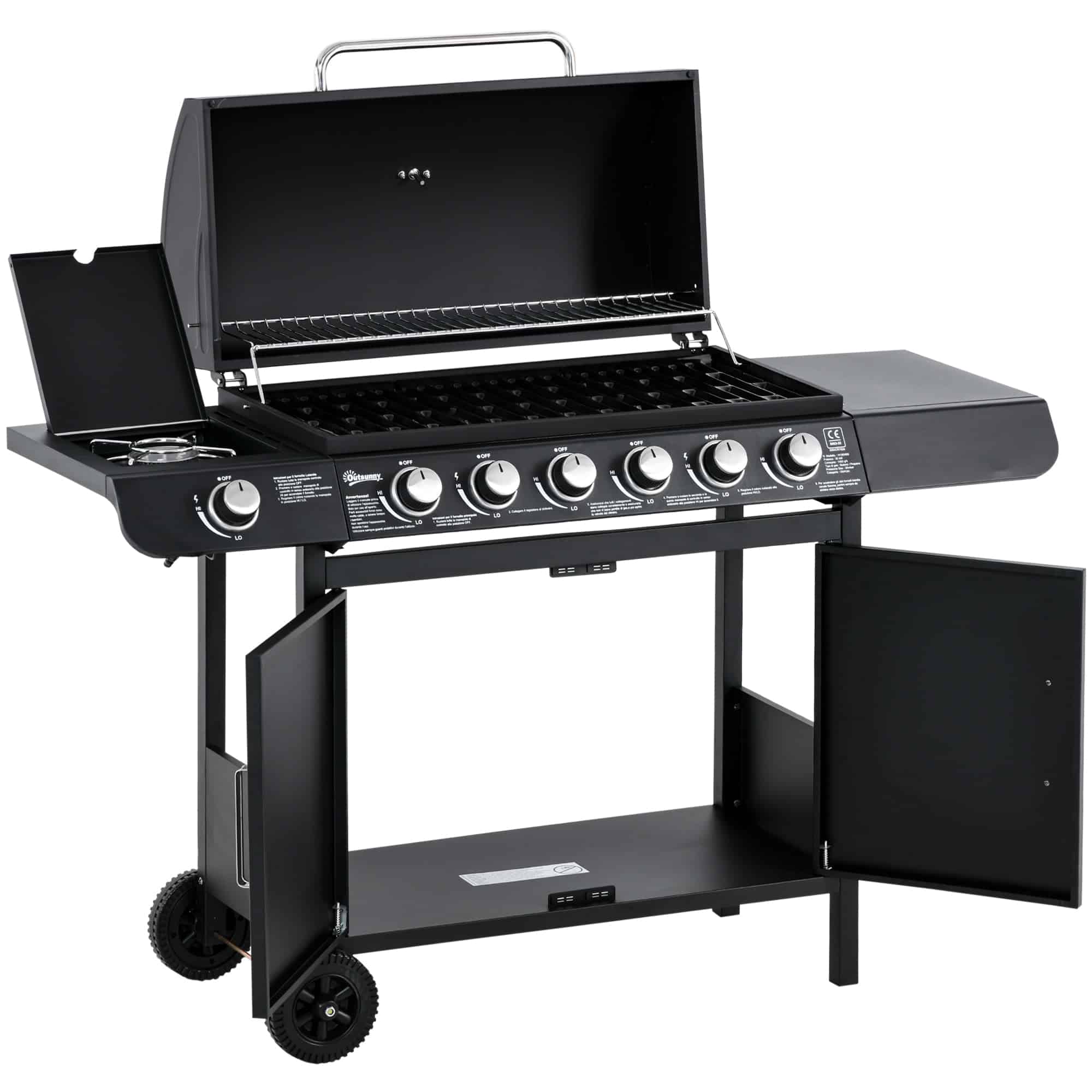 Gasgrill med 7 brændere, inklusive termometer, BBQ-grill, bærbar grill, sort