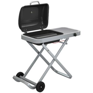 Bærbar gasgrill, 1 brænder, 2,5 kW, grillvogn med foldbar vogn, grillrist, sidebord, låg, termometer