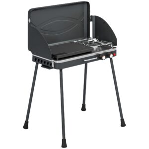 Bærbar gasgrill, 2 brændere, 7 kW, 2-i-1 bordgrill med stegefunktion, foldbare ben, grillrist, vindskærm, låg og låsemekanisme.