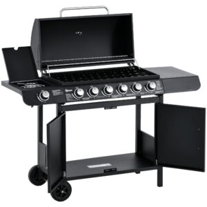 Gasgrill med 7 brændere, inklusive termometer, BBQ-grill, bærbar grill, sort